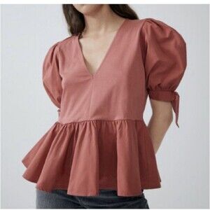 Zara Pink Bell Sleeve Tie Peplum Blouse 100% Cotton Women's Size Medium EUC